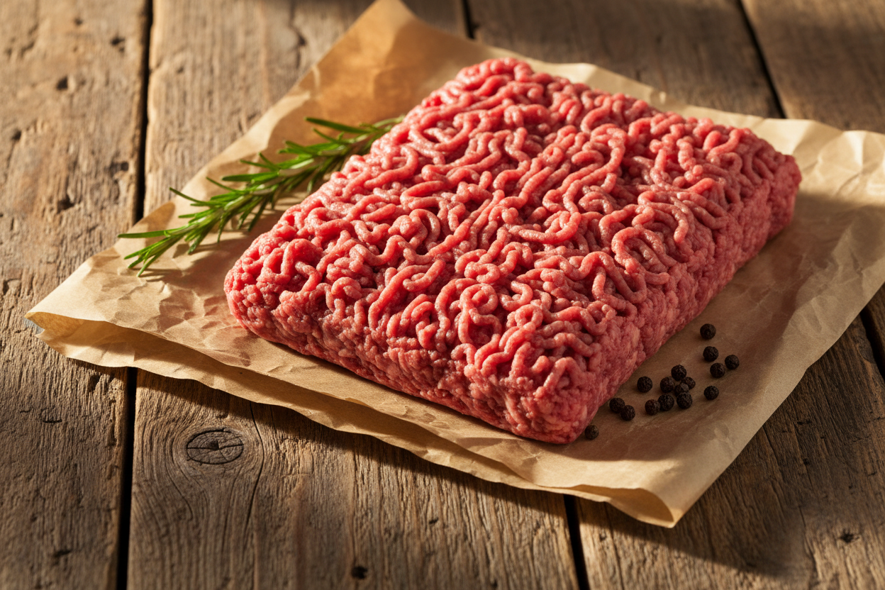 Premium grain-finished ground beef on butcher paper